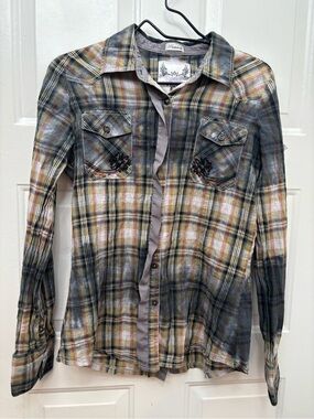 Roar Y2K Plaid Button-Up Shirt with Black Embroidery